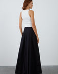 Long Black Flared And Pleated Skirt With High Waist Loose