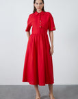 Gizia Midi Length Linen Red Dress With Gold Button Detail- Porterist 1