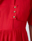 Gizia Midi Length Linen Red Dress With Gold Button Detail- Porterist 2