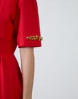 Gizia Midi Length Linen Red Dress With Gold Button Detail- Porterist 3