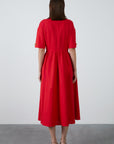 Gizia Midi Length Linen Red Dress With Gold Button Detail- Porterist 4