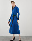 Midi Size Navy Blue Sports Dress With Grain Stripe d Buckle