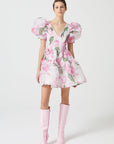 Rose Patterned V Neck Organza Watermelon Sleeve Mini Dress Fınal Item - Porterist 1