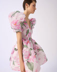 Rose Patterned V Neck Organza Watermelon Sleeve Mini Dress Fınal Item - Porterist 2