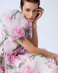 Rose Patterned V Neck Organza Watermelon Sleeve Mini Dress Fınal Item - Porterist 3