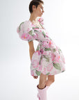 Rose Patterned V Neck Organza Watermelon Sleeve Mini Dress Fınal Item - Porterist 4