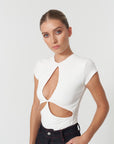 Cut Out Detailed White Basic T-Shirt