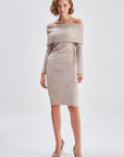 Bardot Collar Beige Midi Knit Dress | Porterist