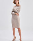 Bardot Collar Beige Midi Knit Dress | Porterist