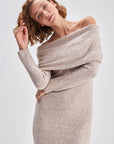 Bardot Collar Beige Midi Knit Dress | Porterist