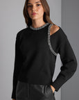 Cut-out Detailed Striped Stone Embroidered Ecru Knitwear Sweater