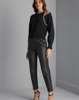 Cut-out Detailed Striped Stone Embroidered Ecru Knitwear Sweater