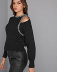 Cut-out Detailed Striped Stone Embroidered Ecru Knitwear Sweater