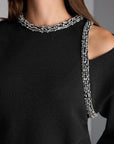 Cut-out Detailed Striped Stone Embroidered Ecru Knitwear Sweater