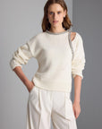 Cut-out Detailed Striped Stone Embroidered Ecru Knitwear Sweater