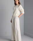Cut-out Detailed Striped Stone Embroidered Ecru Knitwear Sweater