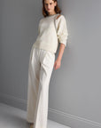 Cut-out Detailed Striped Stone Embroidered Ecru Knitwear Sweater