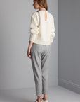 Cut-out Detailed Striped Stone Embroidered Ecru Knitwear Sweater