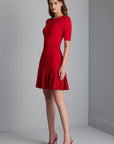 Flared Red Mini Knitwear Dress with Waist Belt Detail