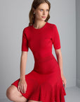 Flared Red Mini Knitwear Dress with Waist Belt Detail