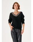 Handcrafted Stone Embroidered V - neck Black Knitwear
