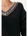 Handcrafted Stone Embroidered V - neck Black Knitwear