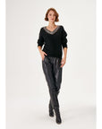 Handcrafted Stone Embroidered V - neck Black Knitwear