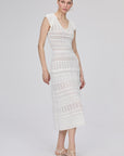 Openwork Lined V - neck Ecru Midi Dress | Porterist