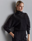 Sheer Detailed Mandarin Collar Black Knitwear Blouse