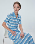 Zigzag Patterned Polo Collar Blue Blouse Porterist - 1