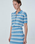 Zigzag Patterned Polo Collar Blue Blouse Porterist - 3