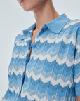 Zigzag Patterned Polo Collar Blue Blouse Porterist - 4