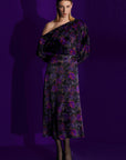 Black Dress With Purple Floral Pattern And Low Shoulders