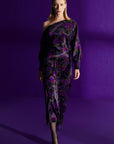 Black Dress With Purple Floral Pattern And Low Shoulders