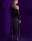 Black Dress With Purple Floral Pattern And Low Shoulders