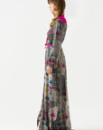Fuchsia Shawl Patterned Front Button Maxi Dress