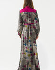 Fuchsia Shawl Patterned Front Button Maxi Dress