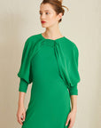 Green Draped Neck Balloon Sleeve Long Dress | Porterist