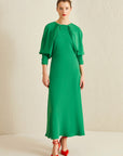 Green Draped Neck Balloon Sleeve Long Dress | Porterist