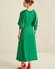 Green Draped Neck Balloon Sleeve Long Dress | Porterist