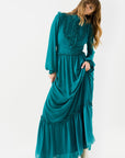 Oil Blue Draped Long Chiffon Dress