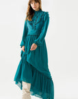 Oil Blue Draped Long Chiffon Dress