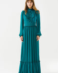 Oil Blue Draped Long Chiffon Dress