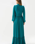 Oil Blue Draped Long Chiffon Dress