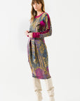 Purple Printed Long Sleeve Midi Dress with Belt