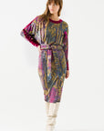 Purple Printed Long Sleeve Midi Dress with Belt