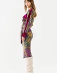 Purple Printed Long Sleeve Midi Dress with Belt