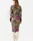 Purple Printed Long Sleeve Midi Dress with Belt