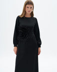Black Satin Dress with Rose Motif