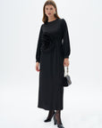 Black Satin Dress with Rose Motif